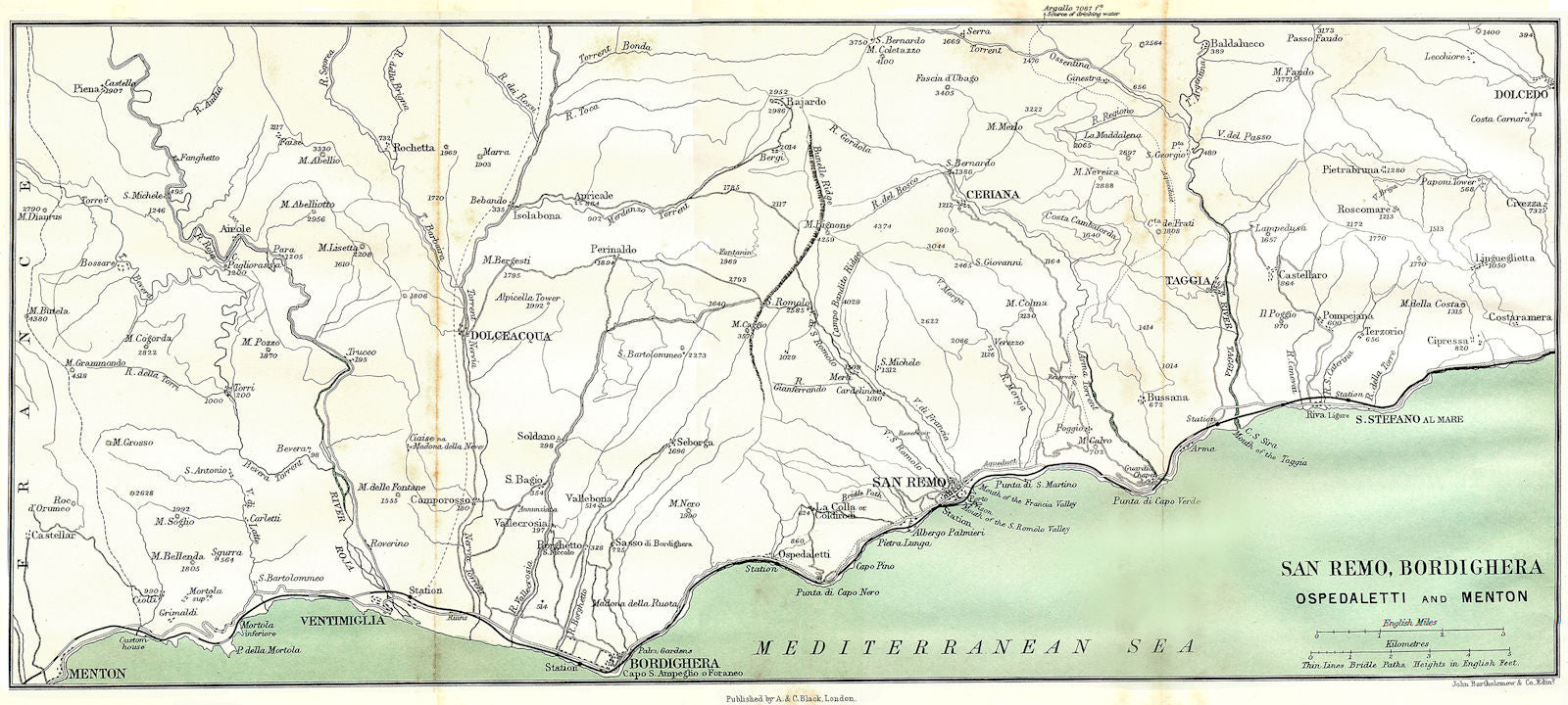 ITALY. Bordighera. San Remo, Ospedaletti & Menton 1913 old antique map chart